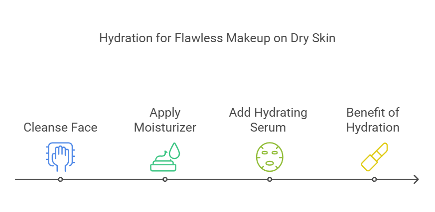Hydrating skincare routine for dry skin preparation before makeup application.